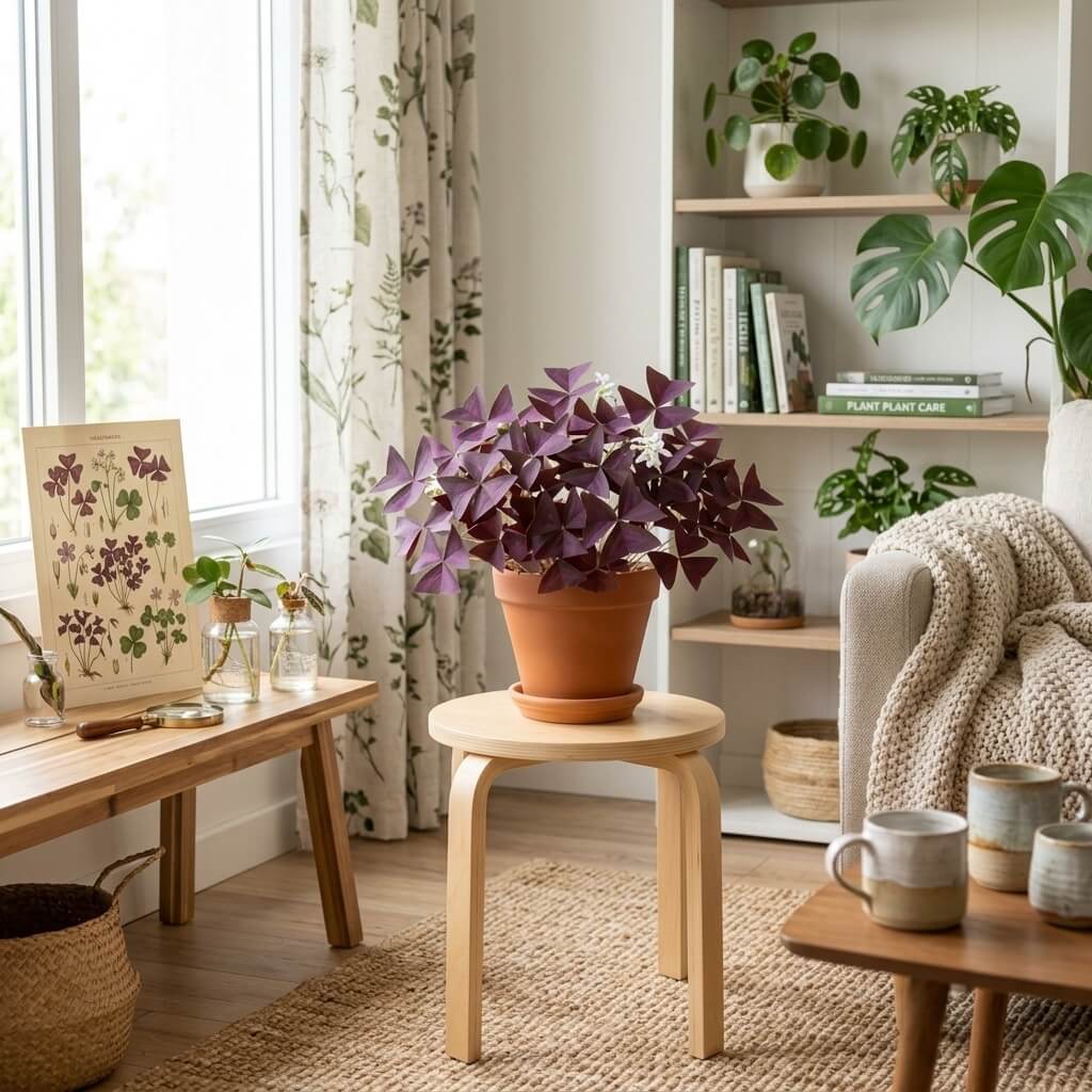 Oxalis pourpre dans un pot en terre cuite sur un tabouret en bois