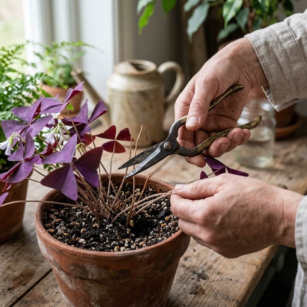Taille et entretien des tiges d'un Oxalis triangularis avec un sécateur