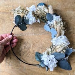couronne murale de fleurs séchées hortensia blanc D20