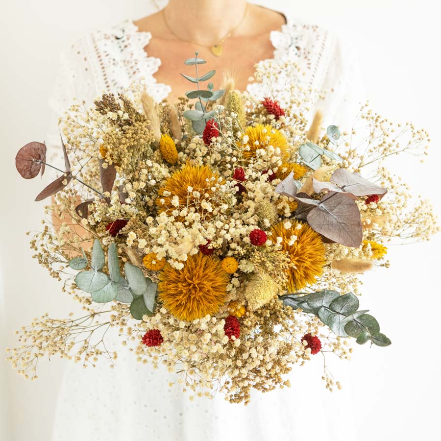 Bouquet fleurs séchées jaune et rouge