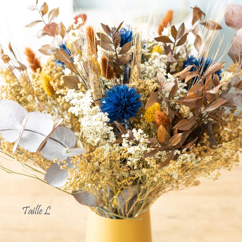 Bouquet de fleurs séchées automne bleu et jaune