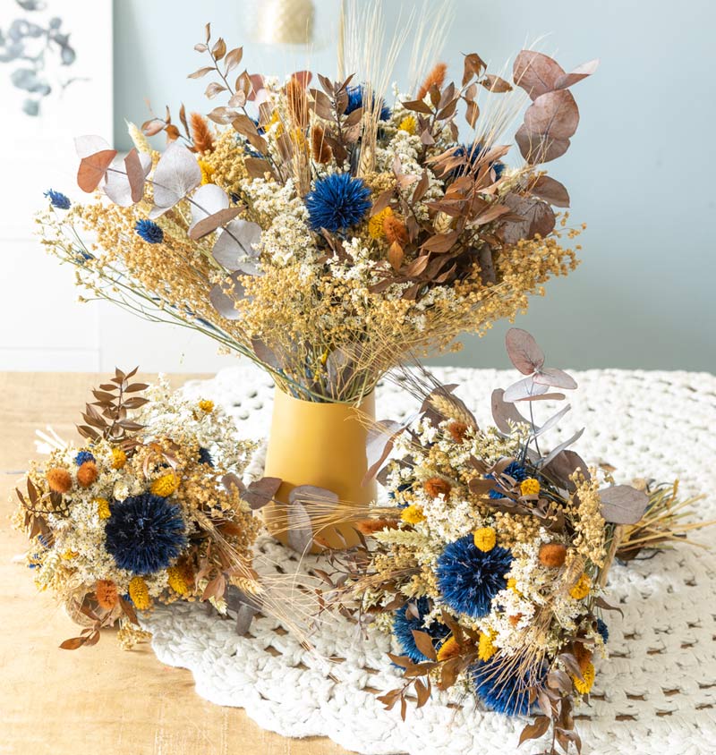 Bouquet de fleurs séchées bleu et jaune 3 tailles