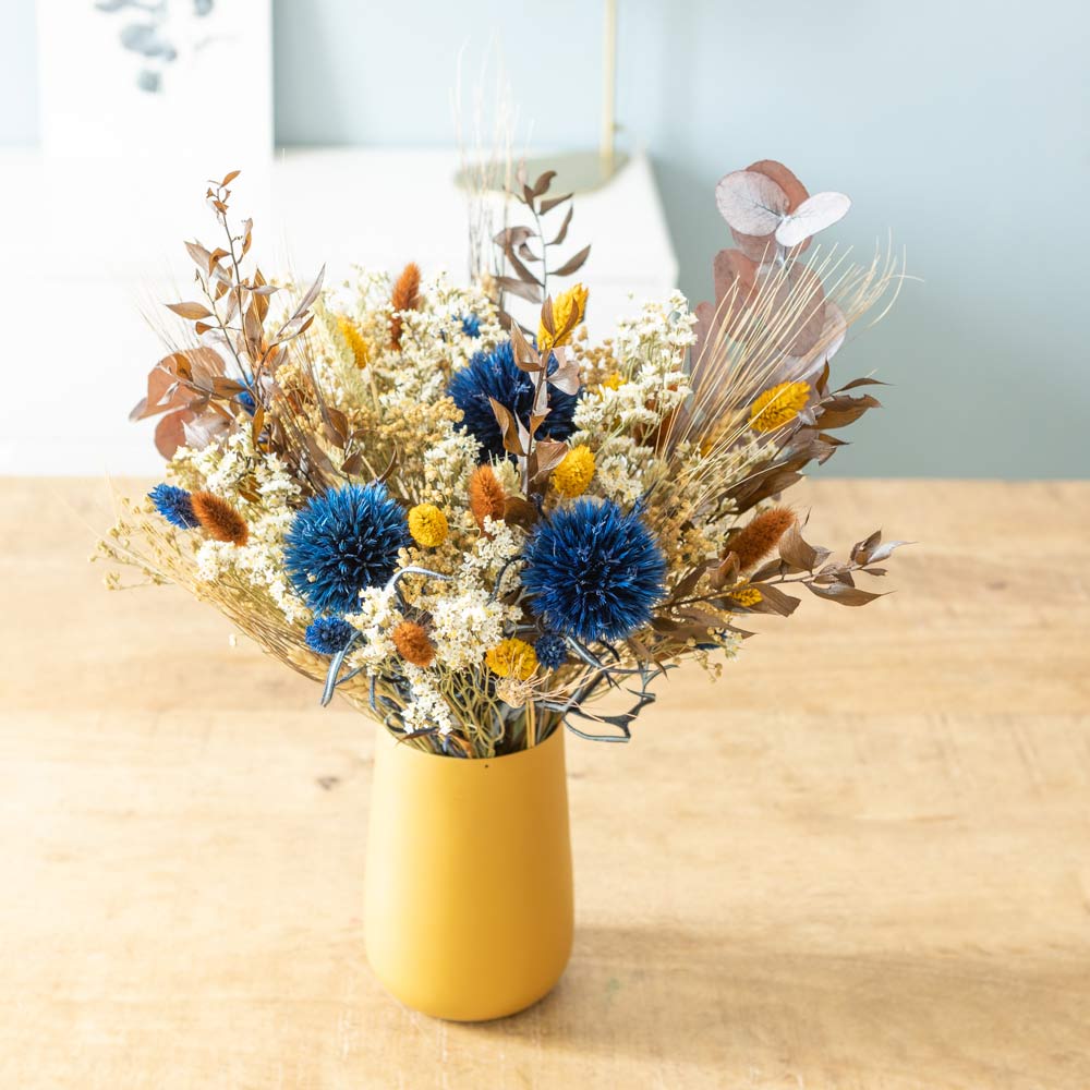 Bouquet de fleurs séchées automne bleu et jaune
