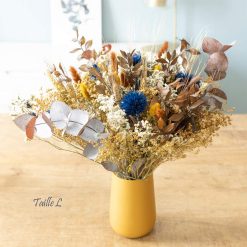 Bouquet fleurs séchées bleu et jaune