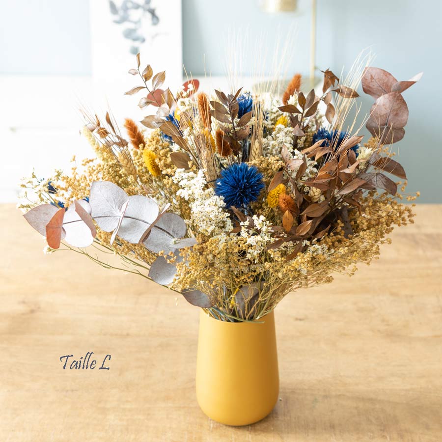 Bouquet fleurs séchées bleu et jaune