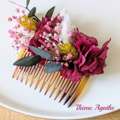peigne à cheveux de mariée en fleurs séchées hortensia rose