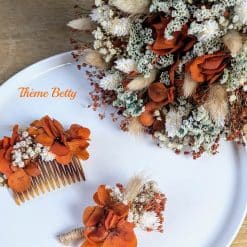 bouquet et boutonnière de mariage en fleurs séchées