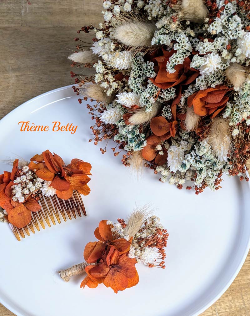 bouquet et boutonnière de mariage en fleurs séchées