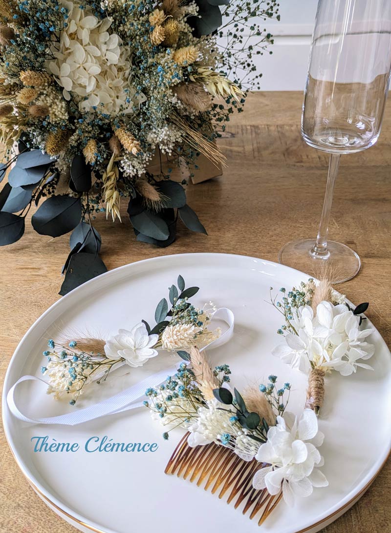bouquet et boutonnière de mariage en fleurs séchées