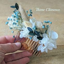 peigne à cheveux de mariée en fleurs séchées hortensia blanc