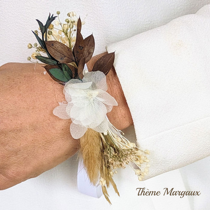 Bracelet de mariée fleurs séchées blanc et brun