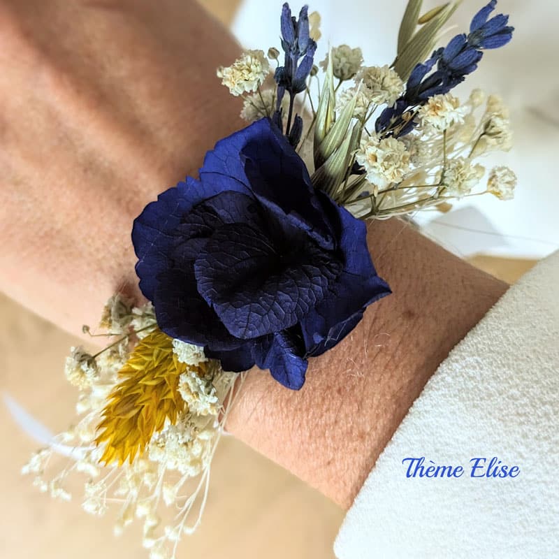 Bracelet de mariée fleurs séchées bleu marine