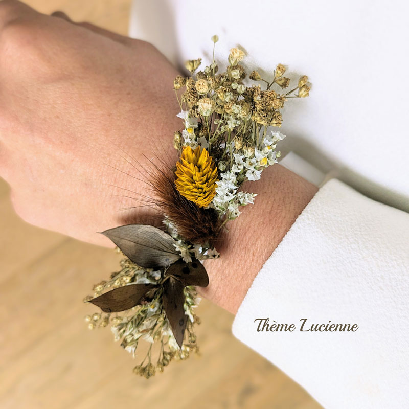 Bracelet de mariée en fleurs séchées marron et blanc. Thème Lucienne