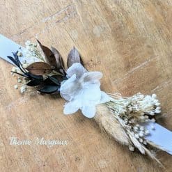 Bracelet de mariée fleurs séchées blanc et brun. Thème Margaux
