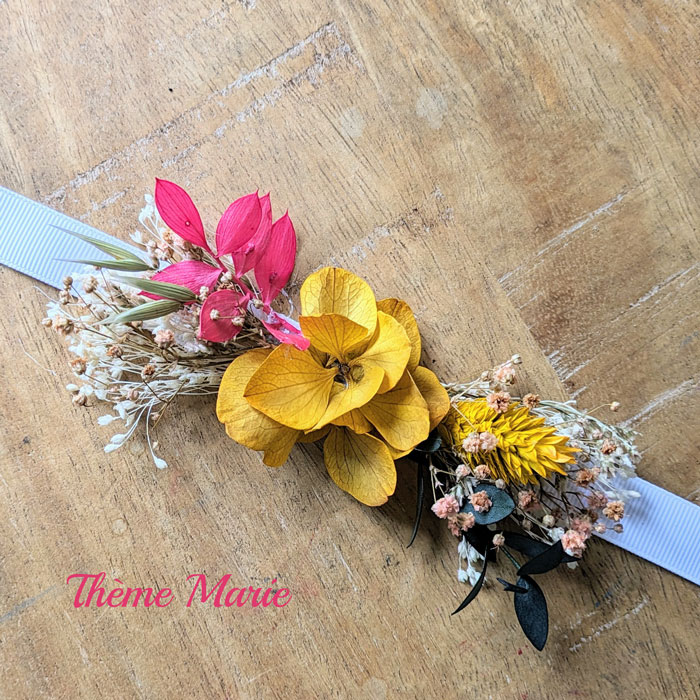 Bracelet de mariée en fleurs séchées rose et jaune
