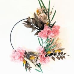 Couronne murale de fleurs séchées rose et jaune D20