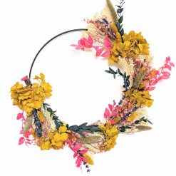 Couronne murale de fleurs séchées Rose et Jaune D30