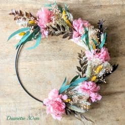 Couronne murale de fleurs séchées rose et jaune D30