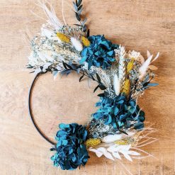 Couronne murale de fleurs séchées hortensia bleu D20