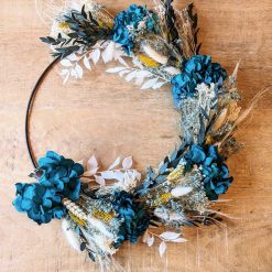 Couronne murale de fleurs séchées hortensia bleu D30