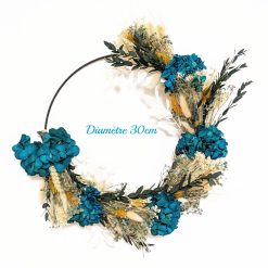 Couronne murale de fleurs séchées hortensia bleu D30