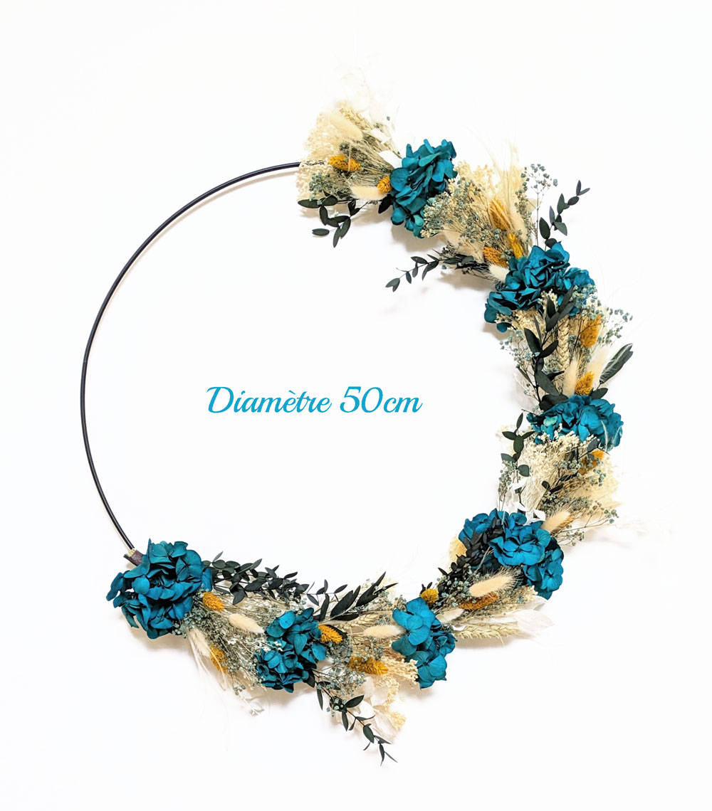Couronne murale de fleurs séchées hortensia bleu D50