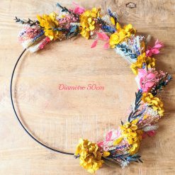 Couronne murale de fleurs séchées Rose et Jaune D50