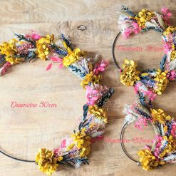 Couronne murale de fleurs séchées jaune et rose THEME HILDA 3 TAILLES