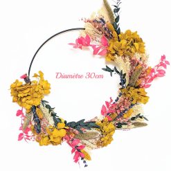 Couronne murale de fleurs séchées Rose et Jaune D30 HILDA