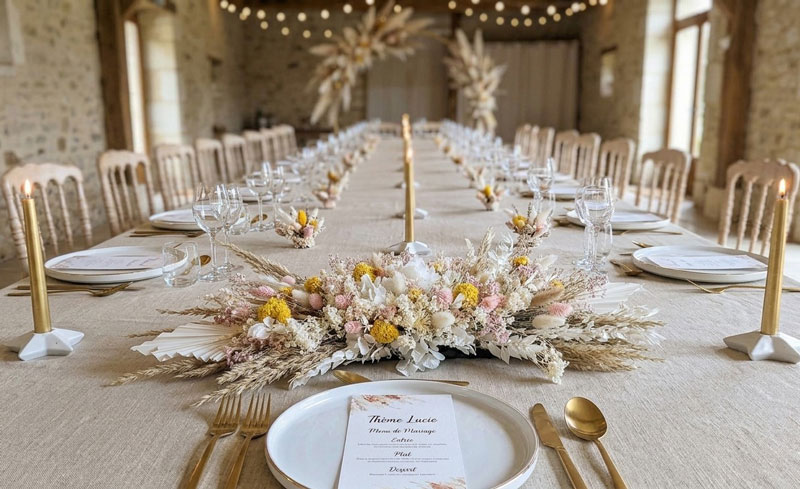 centre de table de mariés en fleurs séchées
