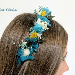 serre tête en fleurs séchées mariée bleu