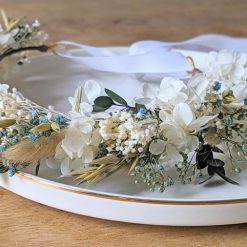 Couronne de mariée en fleurs séchées Blanche et Bleu Thème Clémence