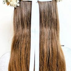 Couronne de fleurs séchées pour mariage bohème et champêtre. Hortensia blanc et gypsophile bleu. Thème Clémence
