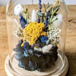 Cloche de fleurs séchées jaune et bleu Angèle Vue Haut