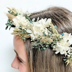 Couronne de fleurs séchées pour mariée Hortensia blanc