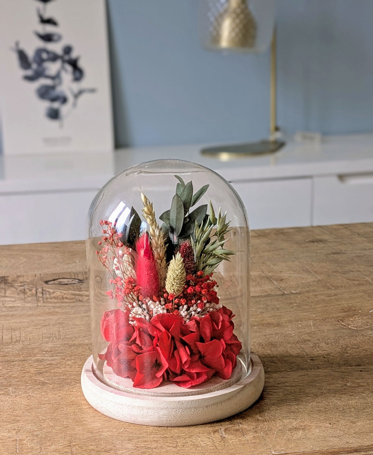 cloche de fleurs séchées rouge amour