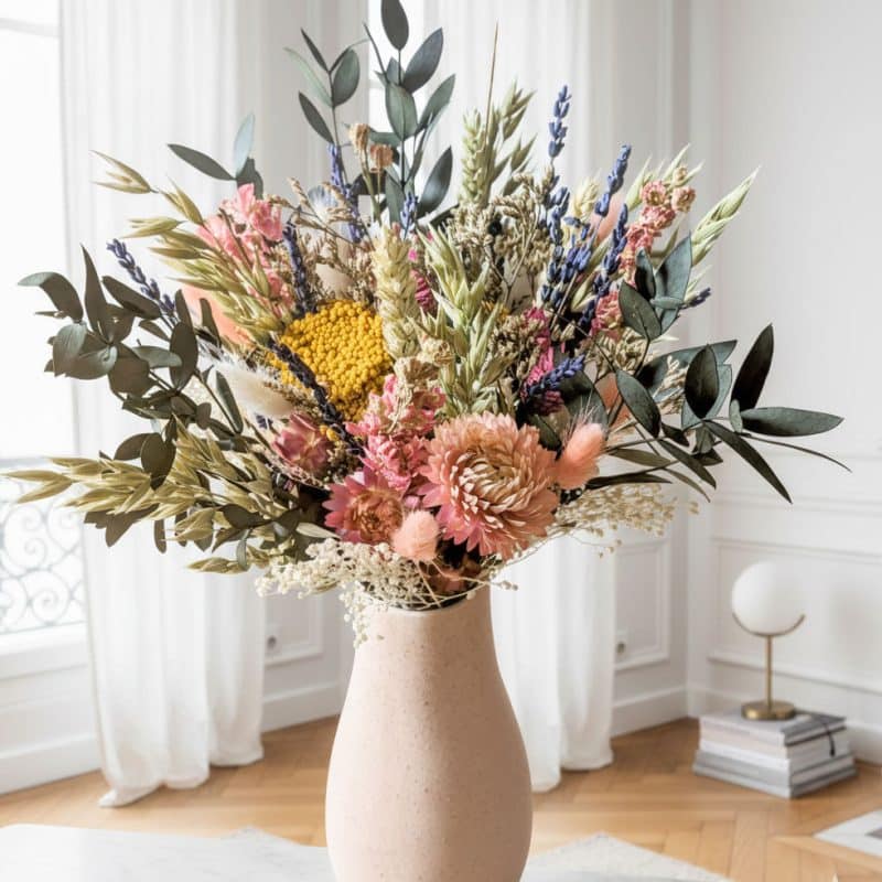 Bouquet de fleurs séchées Romane jaune et rose